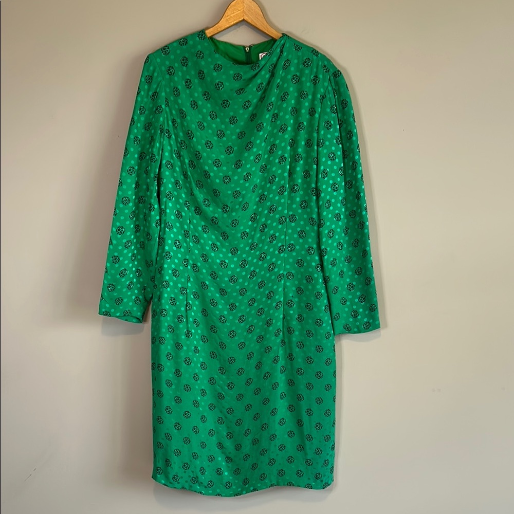Vintage Carolina Herrera 100% Silk Green Polka Dot Sheath Midi Event Dress